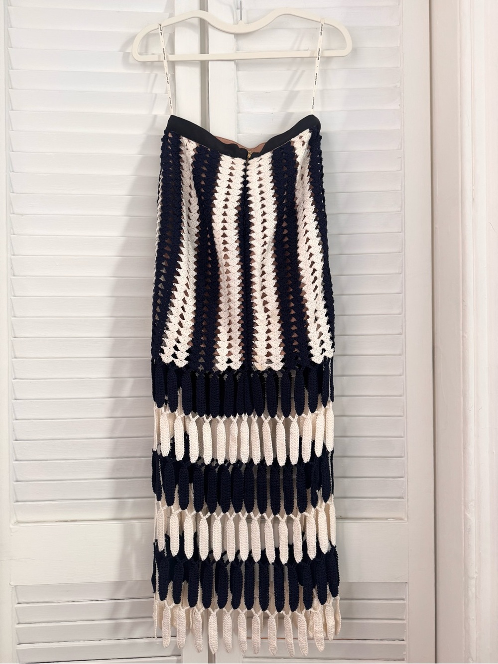 Self-Portrait Striped Crochet Knit Midi Skirt - Navy & White - Picture 6 of 8